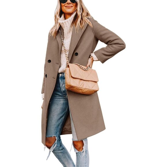 Women's Khaki Double Breasted Pea Coat Mid Long Fall Winter Trench Overcoat - Picture 1 of 5